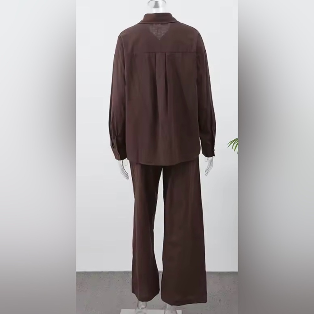 Brown Women's Relaxed Shirt and Wide-Leg Pant Set